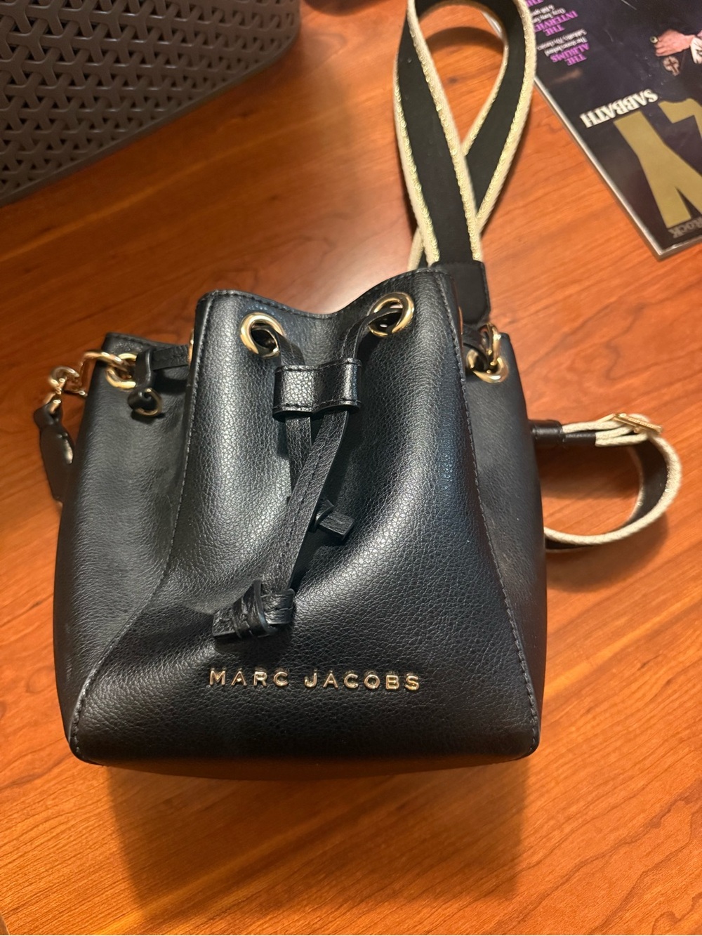 Marc Jacobs Black Leather Bucket Crossbody with Gold Hardware